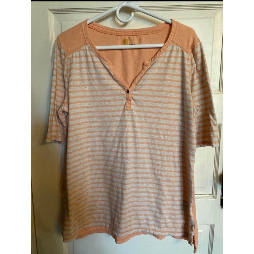 Carhartt Casual Peach & Gray Striped T-Shirt with Quarter Sleeves size 12-14‎